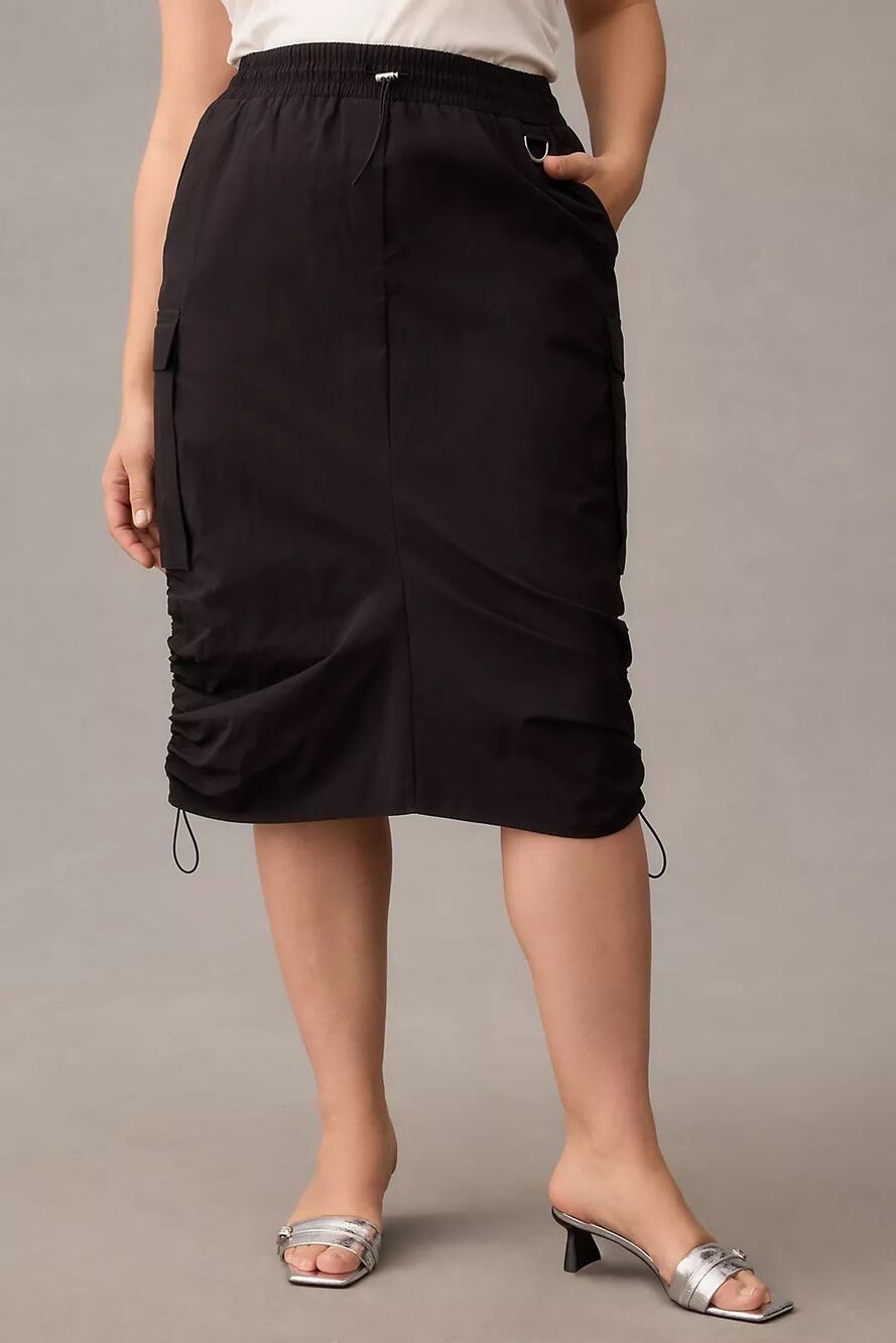 Anthropologie Black Silky Cargo Knee Length Adjustable Skirt 1X Edgy Punk Cool